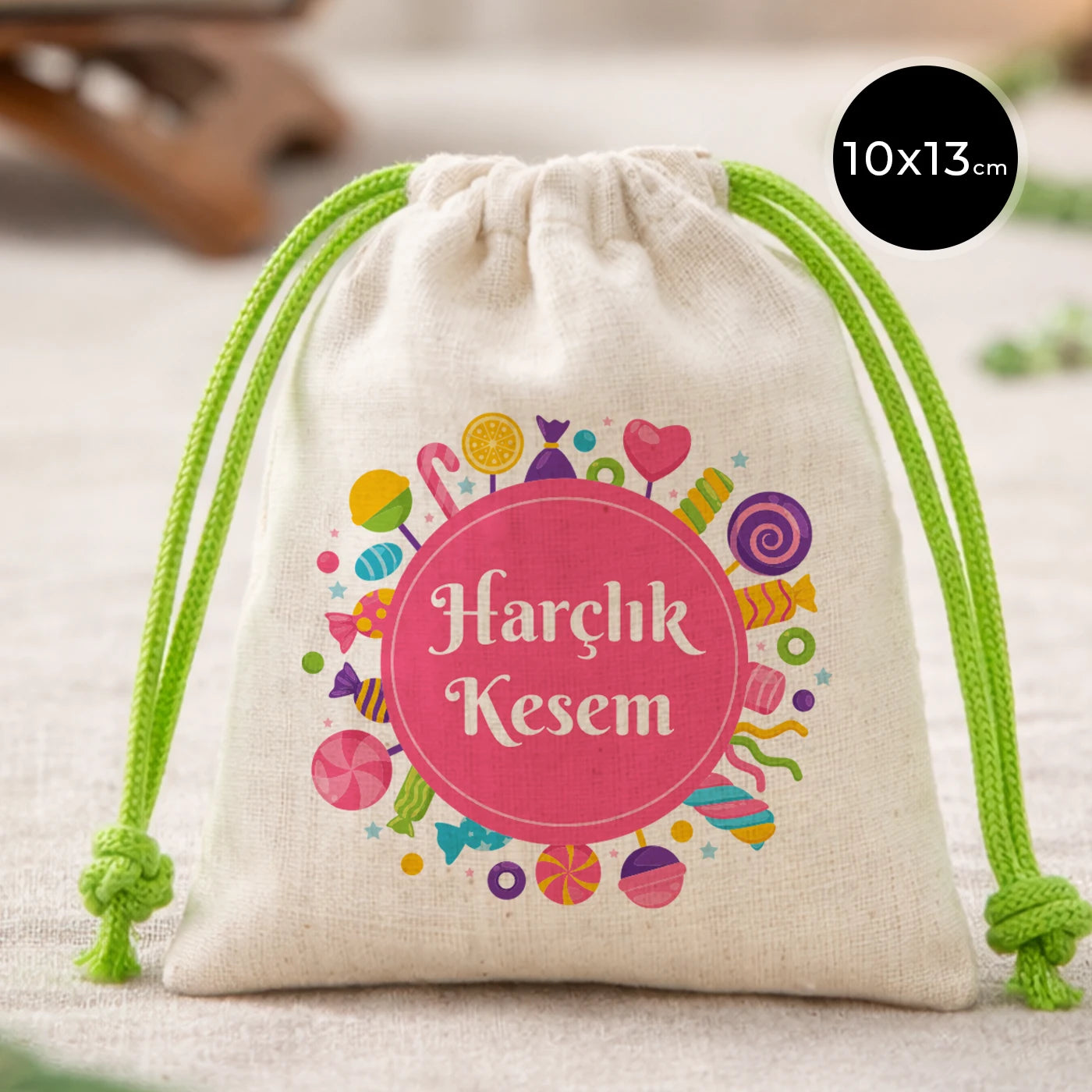 10x13 Yeşil İpli Bez Kese – Bayram Harçlık Kesesi