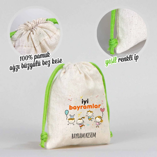 10x13 Yeşil İpli Bez Kese – Bayram Harçlık Kesesi