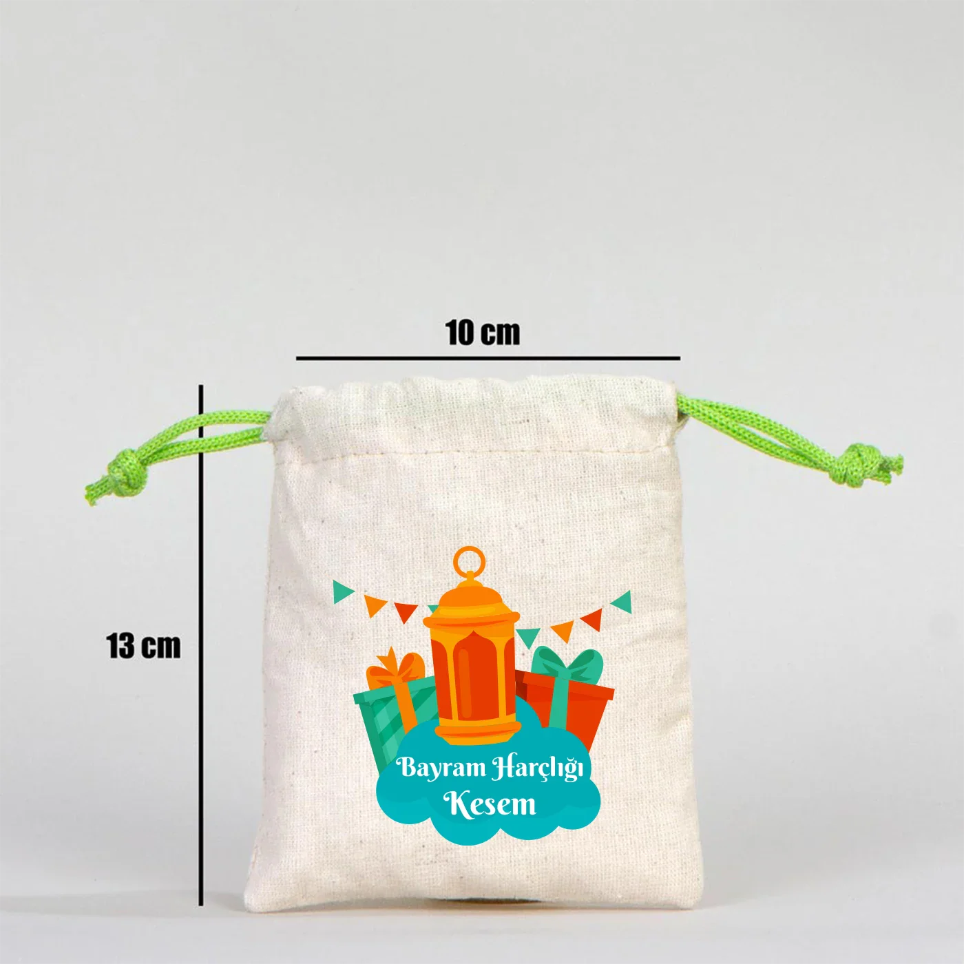 10x13 Yeşil İpli Bez Kese – Bayram Harçlık Kesesi - farklı açı