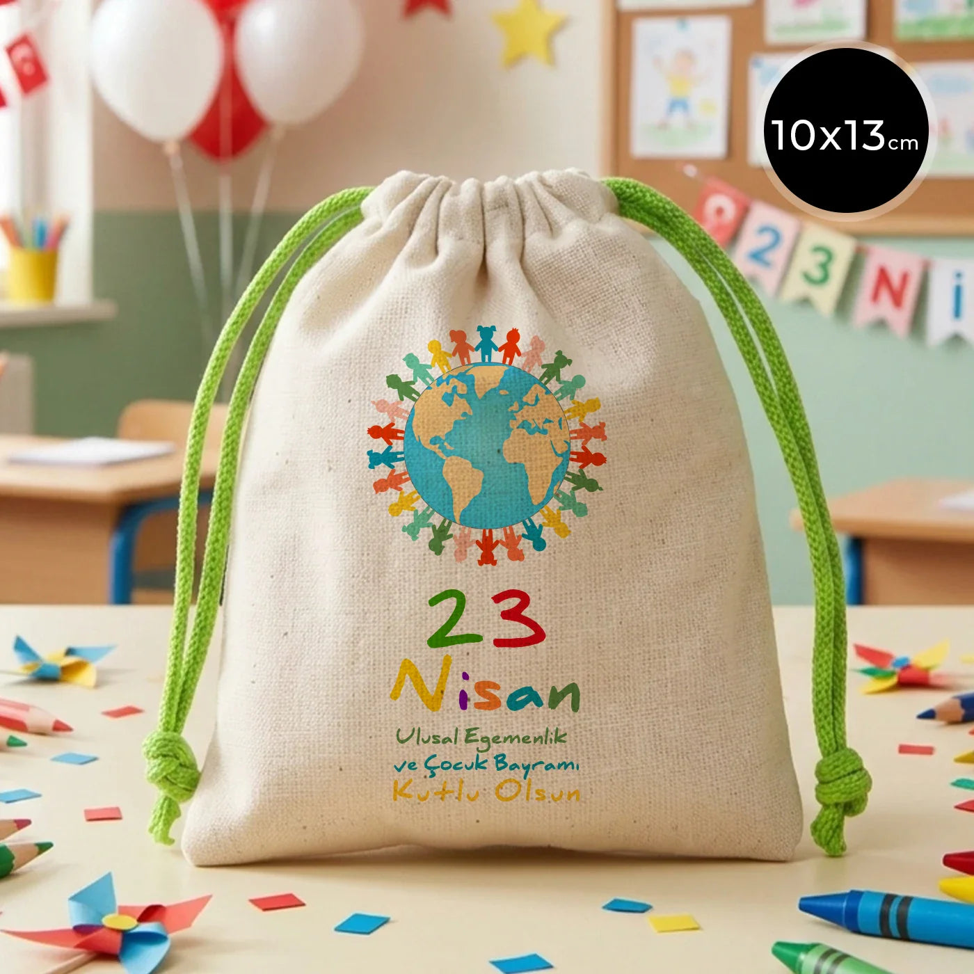 10x13 Yeşil İpli Bez Kese – 23 Nisan Hediyesi