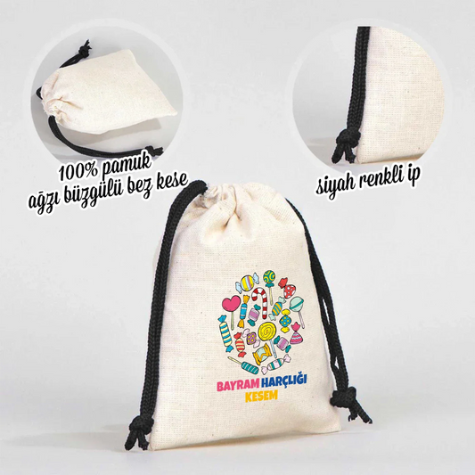 “10x13 cm siyah büzgü ipli %100 pamuk bez kese, Bayram Harçlığı Kesem baskılı”.