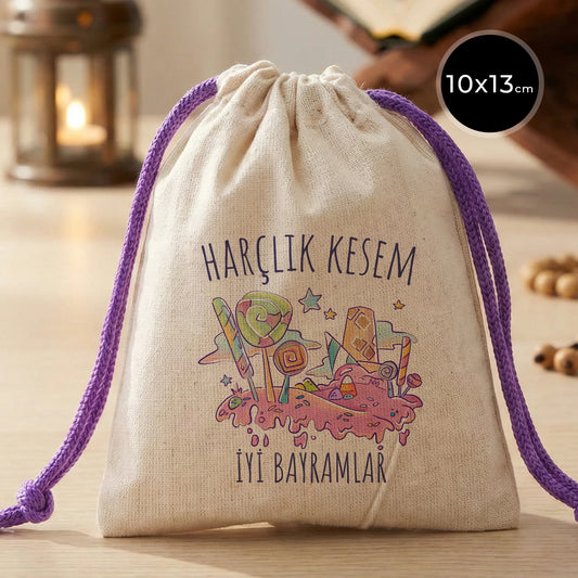 10x13 Mor İpli Bez Kese – Bayram Harçlık Kesesi