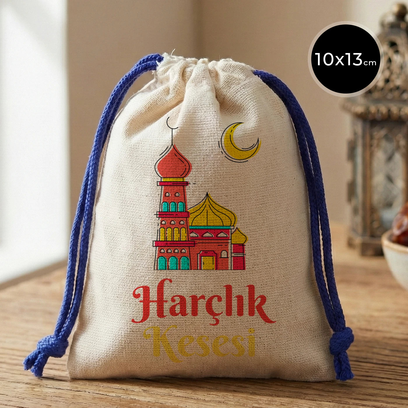 10x13 Saks Mavi İpli Bez Kese – Bayram Harçlık Kesesi