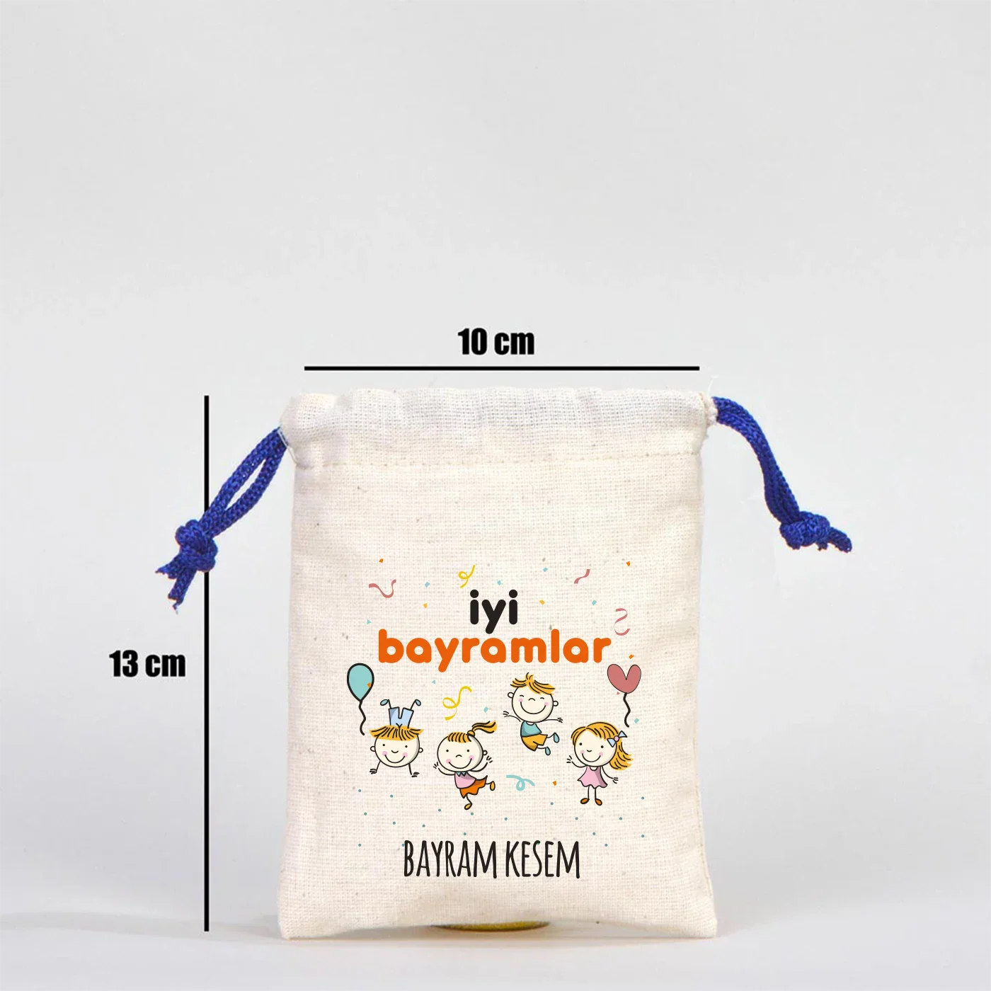 10x13 Saks Mavi İpli Bez Kese – Bayram Harçlık Kesesi - farklı açı