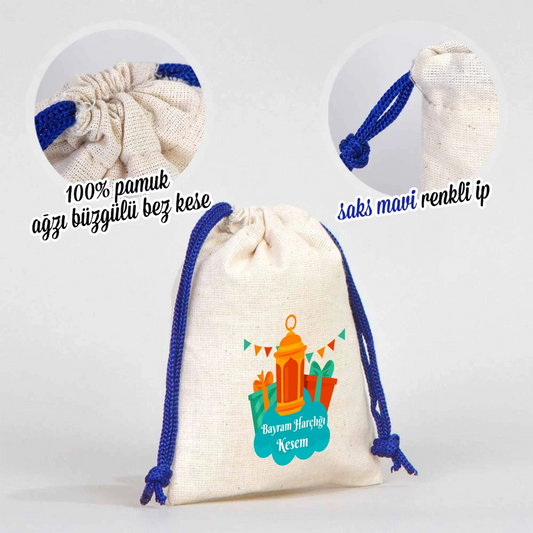 10x13 Saks Mavi İpli Bez Kese – Bayram Harçlık Kesesi