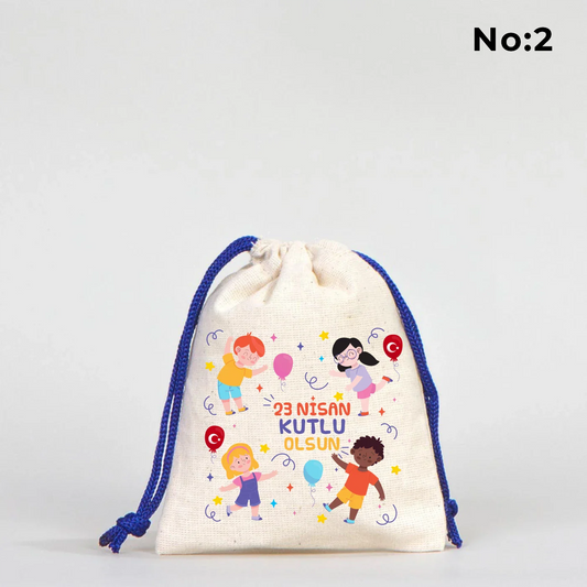10x13 Saks Mavi İpli Bez Kese – 23 Nisan Hediyesi - detay görünüm