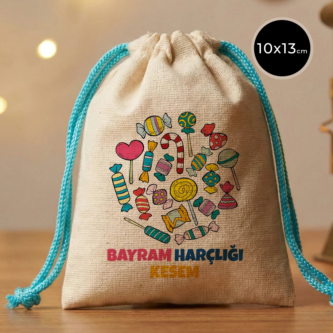 10x13 Turkuaz İpli Bez Kese – Bayram Harçlık Kesesi