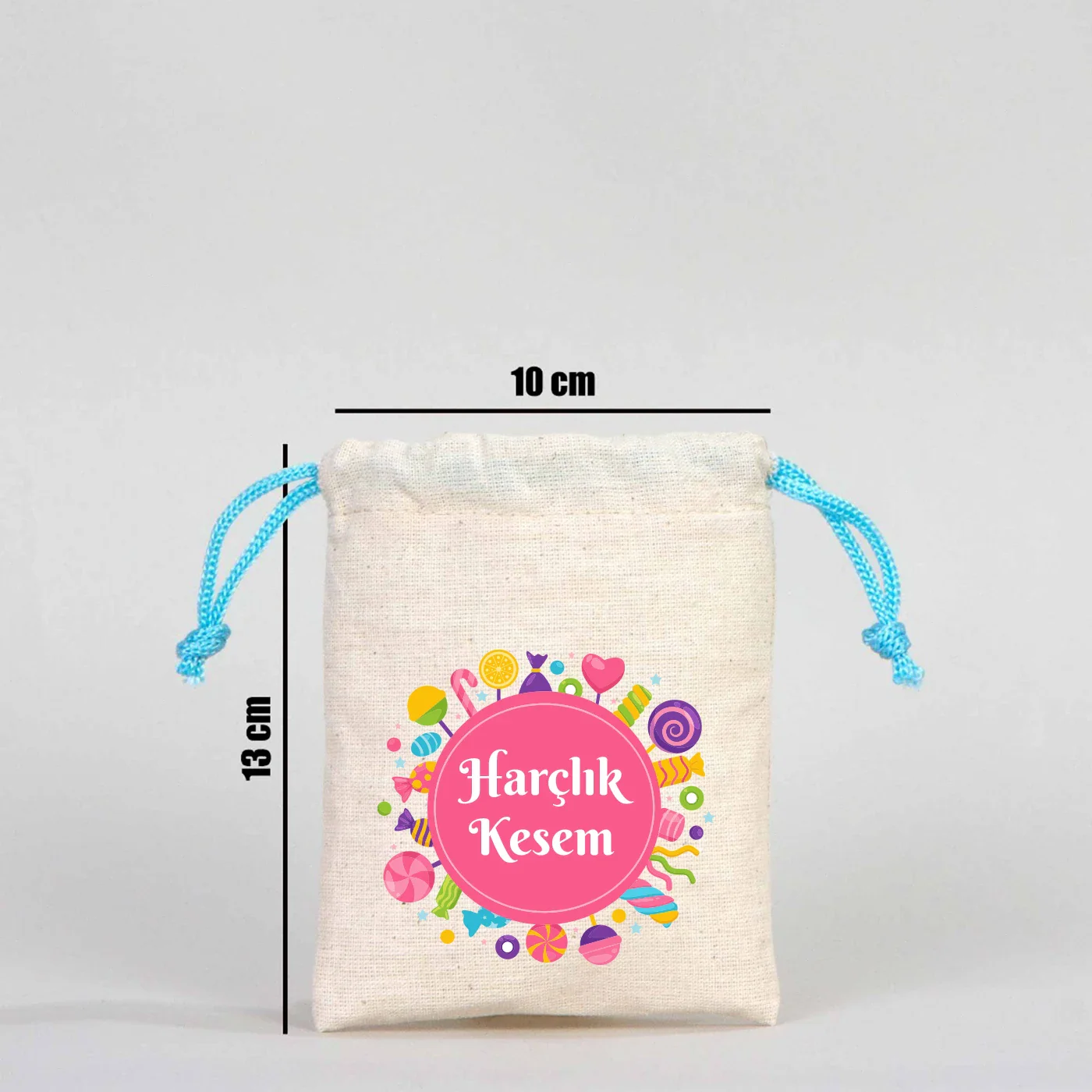10x13 Turkuaz İpli Bez Kese – Bayram Harçlık Kesesi - farklı açı