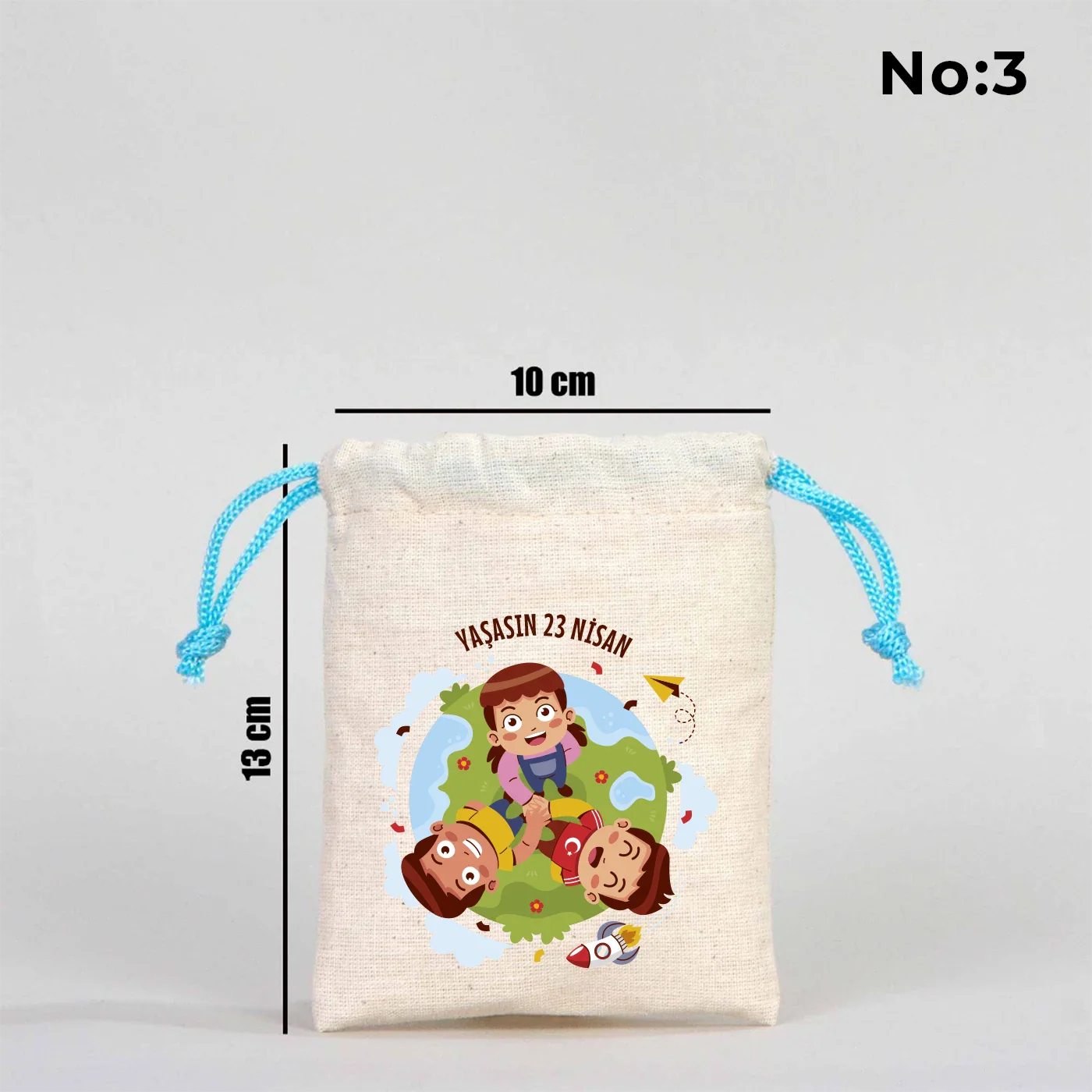 10x13 Turkuaz İpli Bez Kese – 23 Nisan Hediyesi - yakın çekim