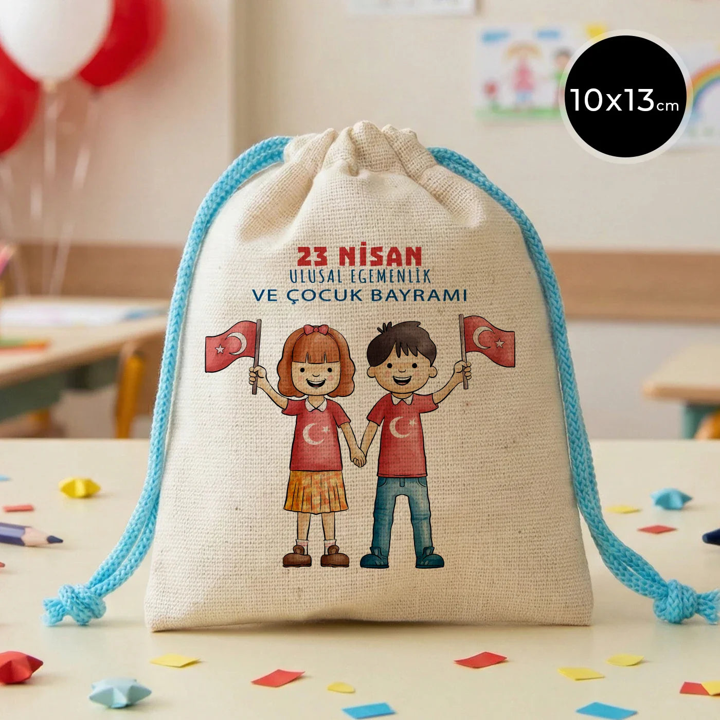 10x13 Turkuaz İpli Bez Kese – 23 Nisan Hediyesi