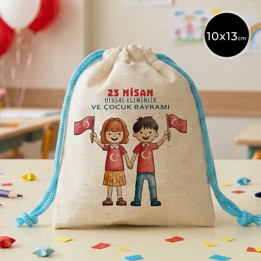 10x13 Turkuaz İpli Bez Kese – 23 Nisan Hediyesi
