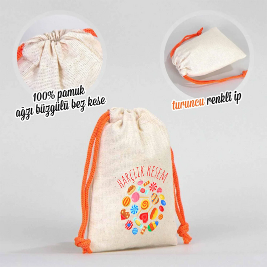 10x13 Turuncu İpli Bez Kese – Bayram Harçlık Kesesi