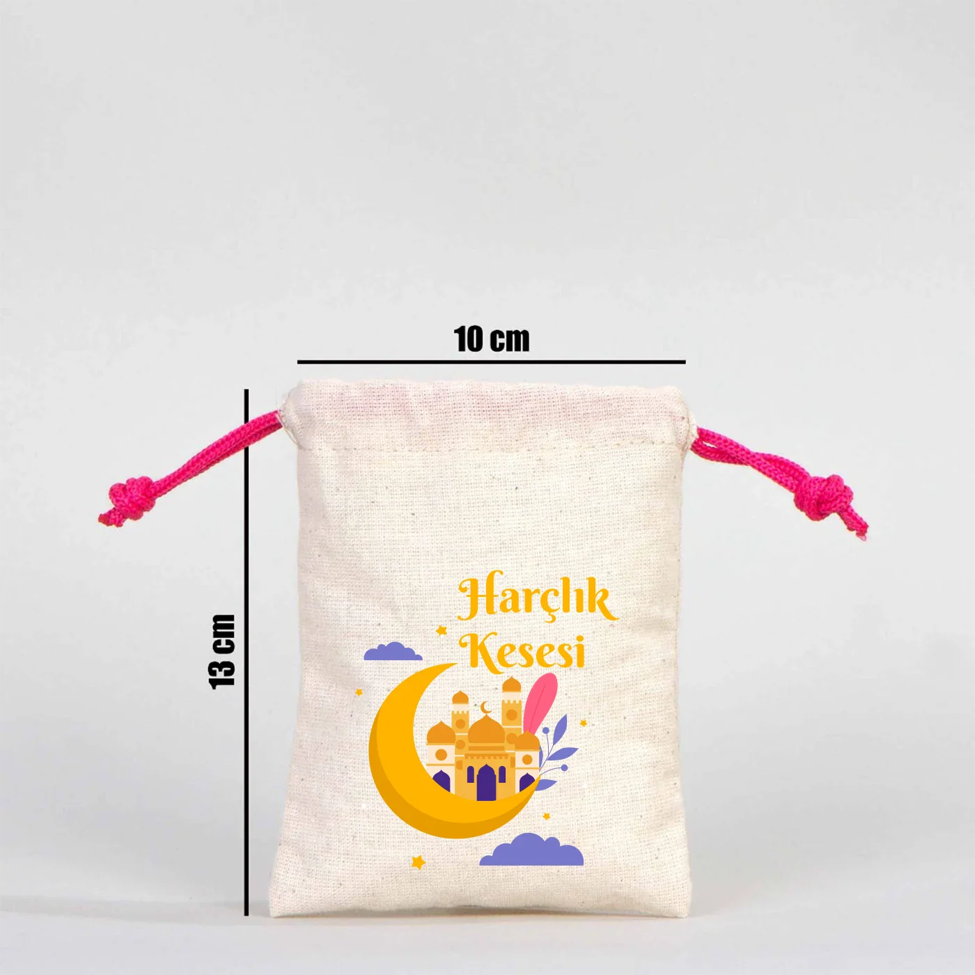 10x13 Fuşya İpli Bez Kese – Bayram Harçlık Kesesi - farklı açı
