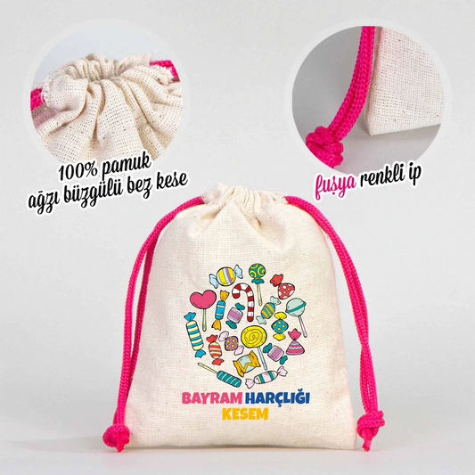 10x13 Fuşya İpli Bez Kese – Bayram Harçlık Kesesi