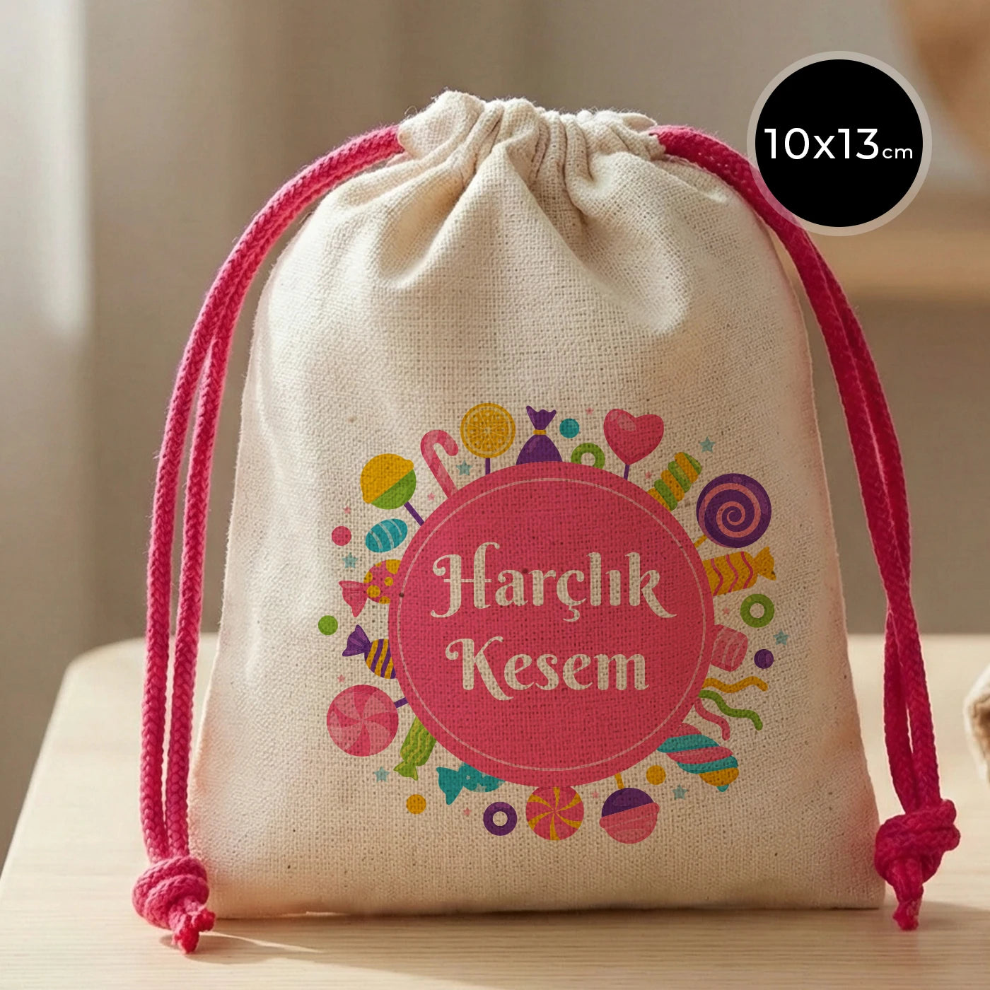 10x13 Fuşya İpli Bez Kese – Bayram Harçlık Kesesi