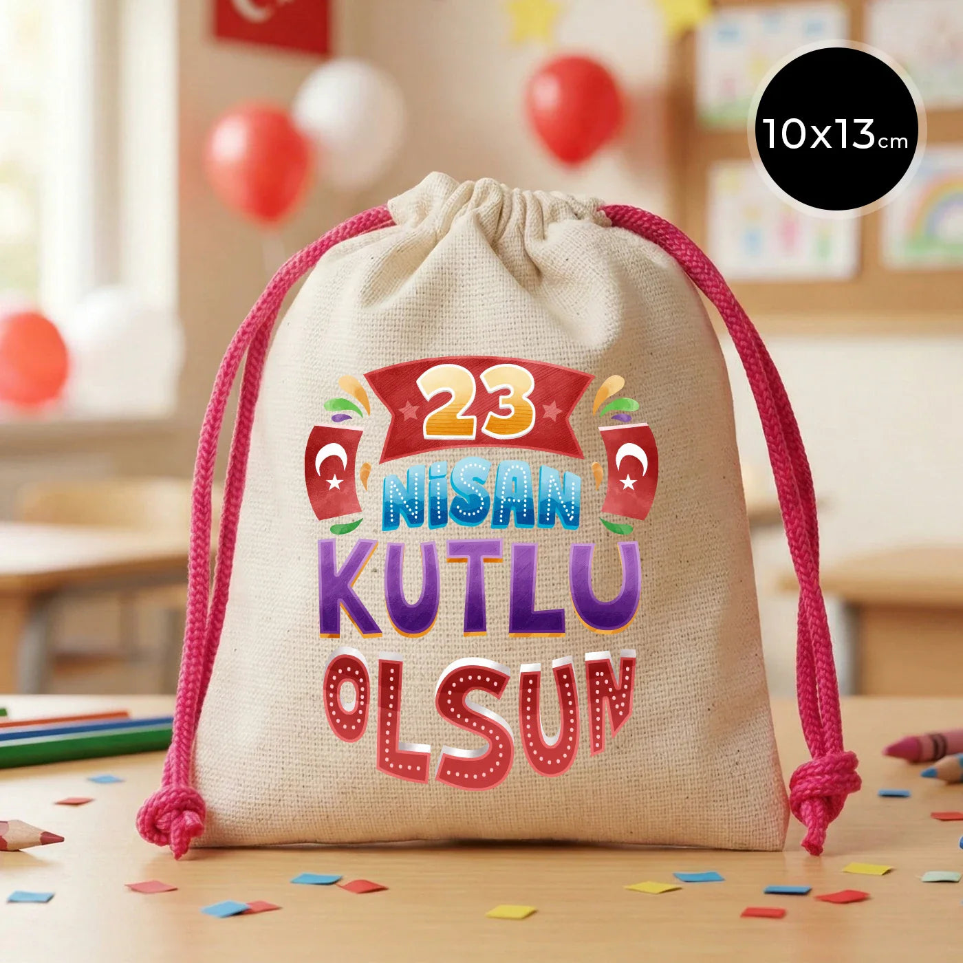 10x13 Fuşya İpli Bez Kese – 23 Nisan Hediyesi