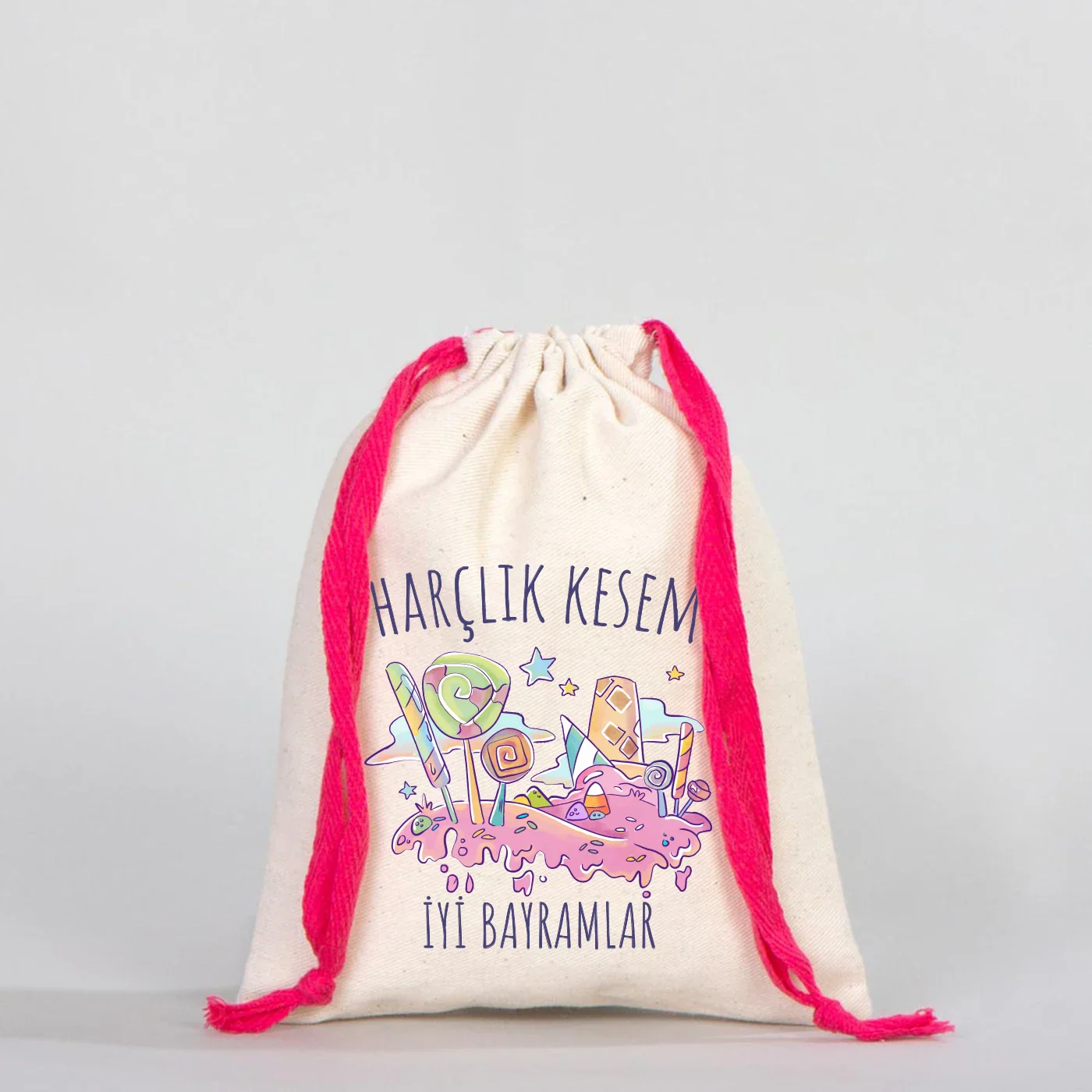 15x20 cm Renkli İp Fuşya Bez Kese – Bayram Harçlık Kesesi - görsel 6
