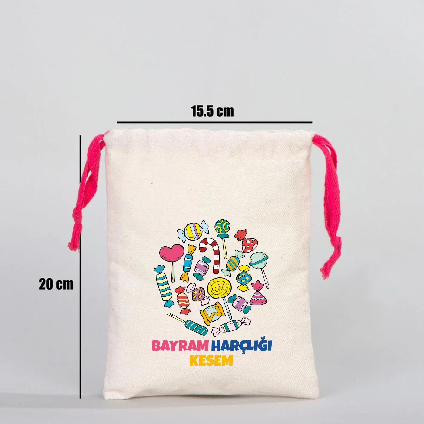 15x20 cm Renkli İp Fuşya Bez Kese – Bayram Harçlık Kesesi - yakın çekim