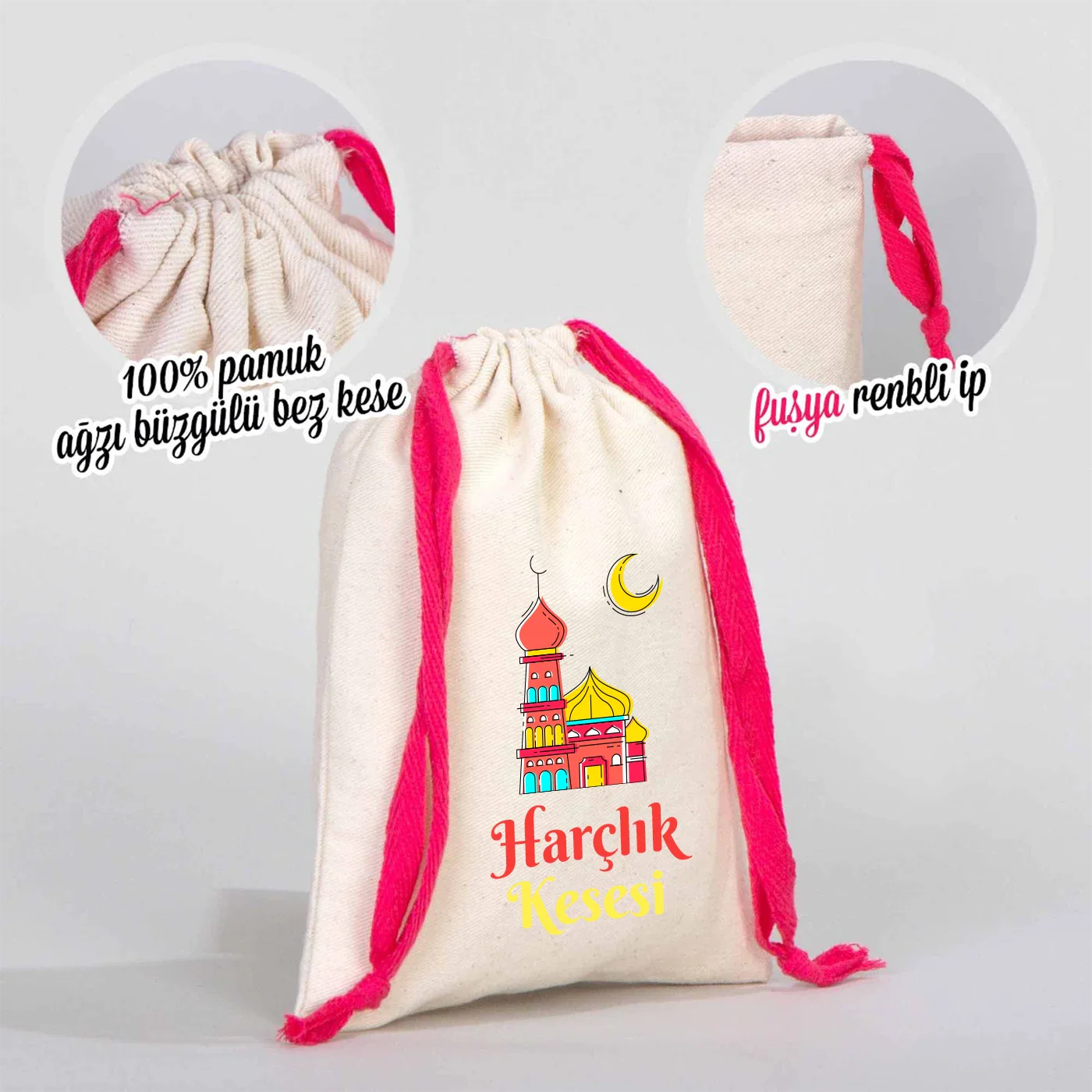 15x20 cm Renkli İp Fuşya Bez Kese – Bayram Harçlık Kesesi - detay görünüm