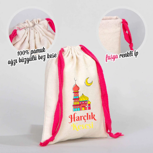 15x20 cm Renkli İp Fuşya Bez Kese – Bayram Harçlık Kesesi