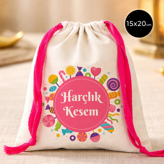 15x20 cm Renkli İp Fuşya Bez Kese – Bayram Harçlık Kesesi