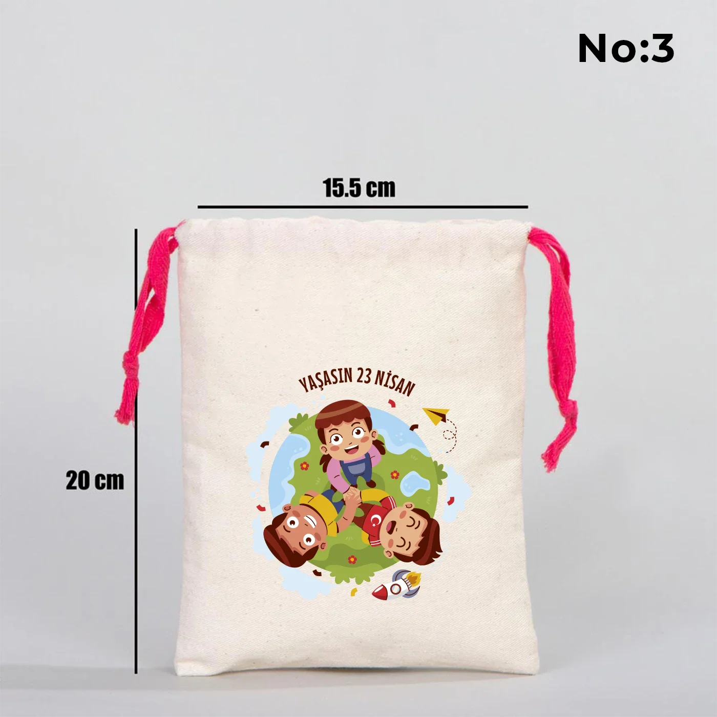 15x20 cm Renkli İp Fuşya Bez Kese – 23 Nisan Hediyesi - yakın çekim