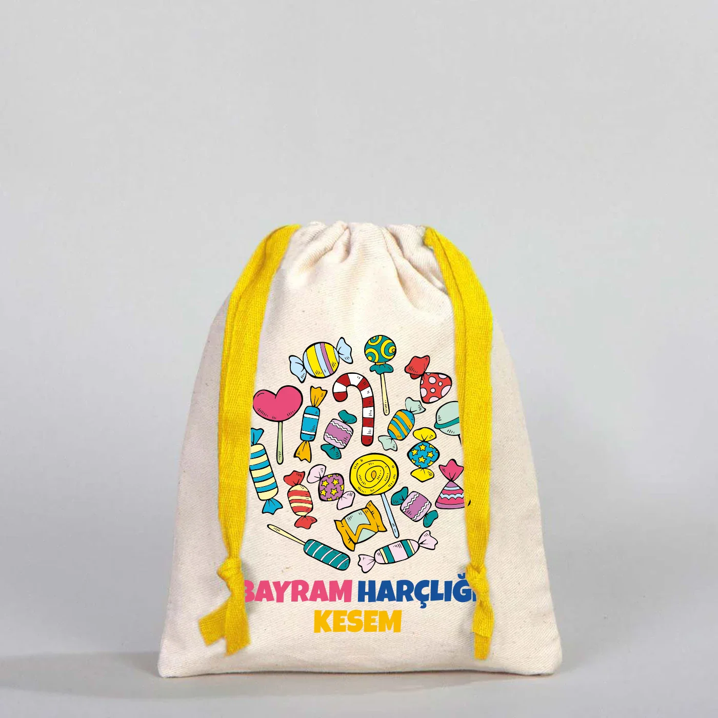 15x20 cm Renkli İp Sarı Bez Kese – Bayram Harçlık Kesesi - farklı açı