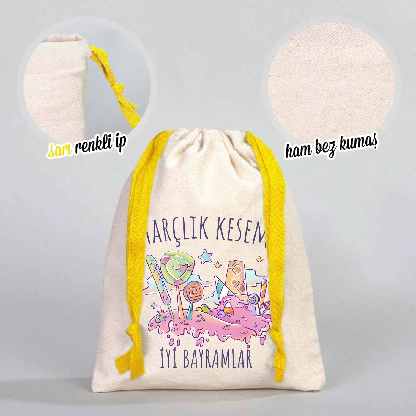 15x20 cm Renkli İp Sarı Bez Kese – Bayram Harçlık Kesesi - detay görünüm