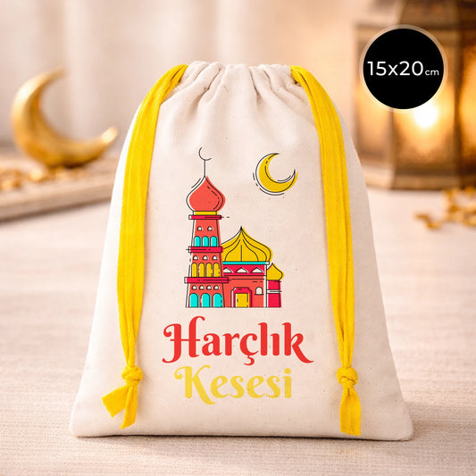 15x20 cm Renkli İp Sarı Bez Kese – Bayram Harçlık Kesesi