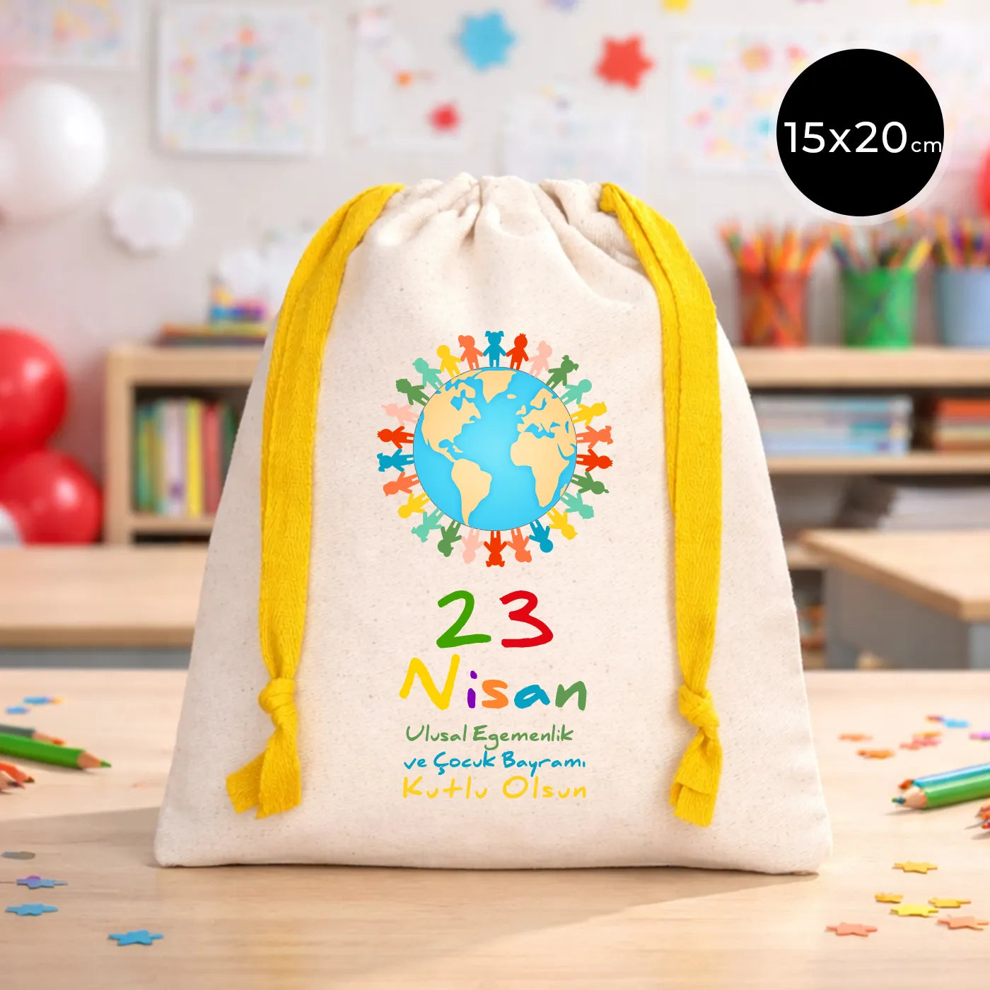 15x20 cm Renkli İp Sarı Bez Kese – 23 Nisan Hediyesi