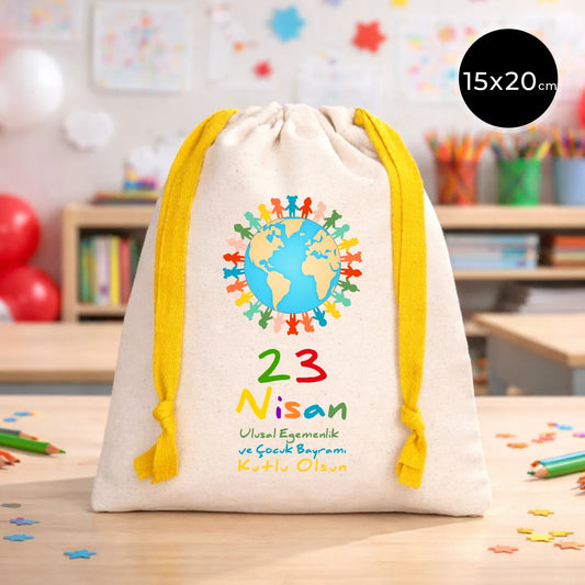 15x20 cm Renkli İp Sarı Bez Kese – 23 Nisan Hediyesi