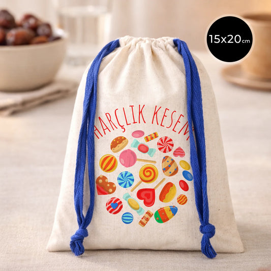 15x20 cm Renkli İp Saks Mavi Bez Kese – Bayram Harçlık Kesesi