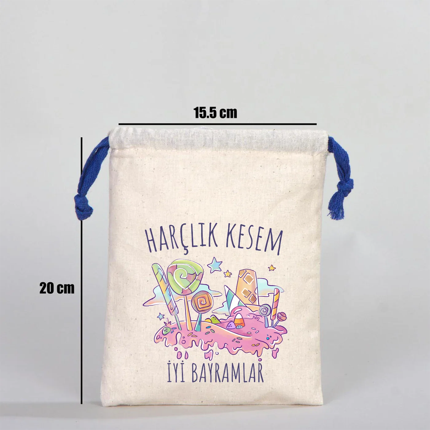 15x20 cm Renkli İp Saks Mavi Bez Kese – Bayram Harçlık Kesesi - farklı açı