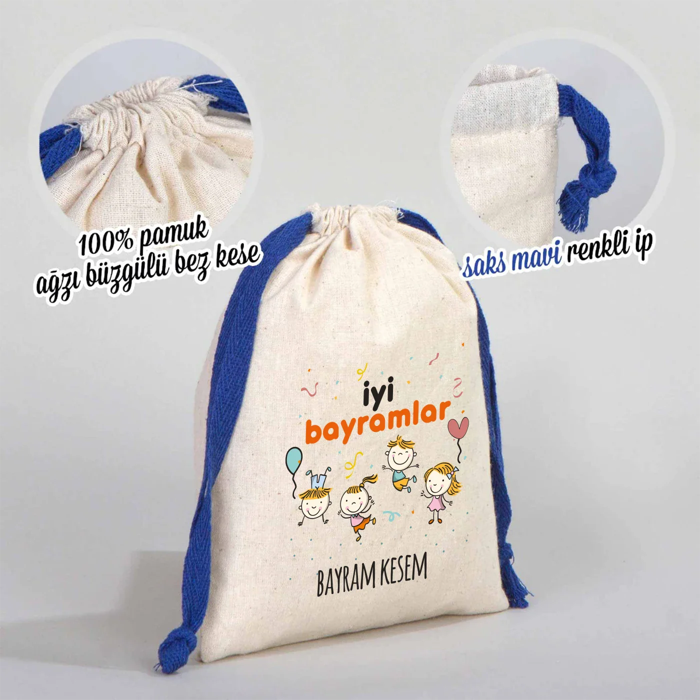 15x20 cm Renkli İp Saks Mavi Bez Kese – Bayram Harçlık Kesesi - detay görünüm
