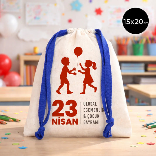 15x20 cm Renkli İp Saks Mavi Bez Kese – 23 Nisan Hediyesi