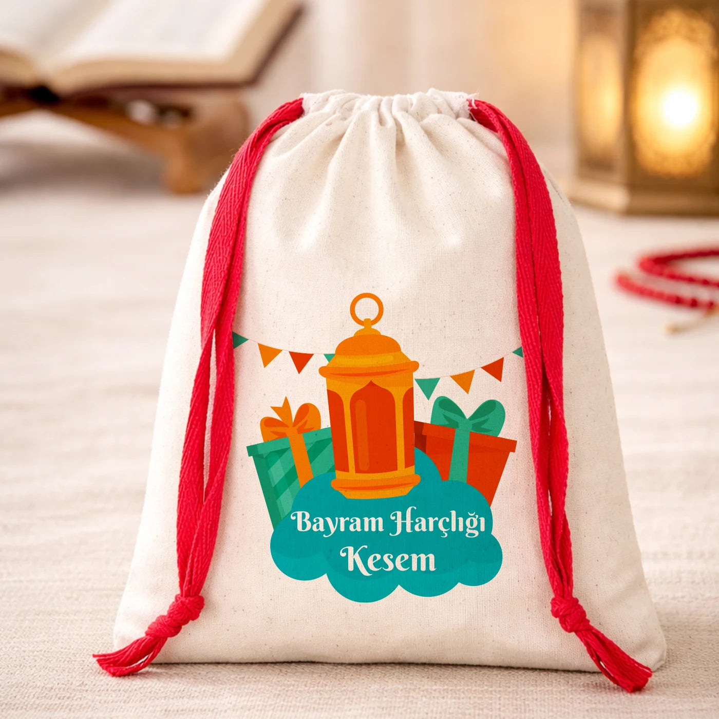 15x20 cm Renkli İp Kırmızı Bez Kese – Bayram Harçlık Kesesi