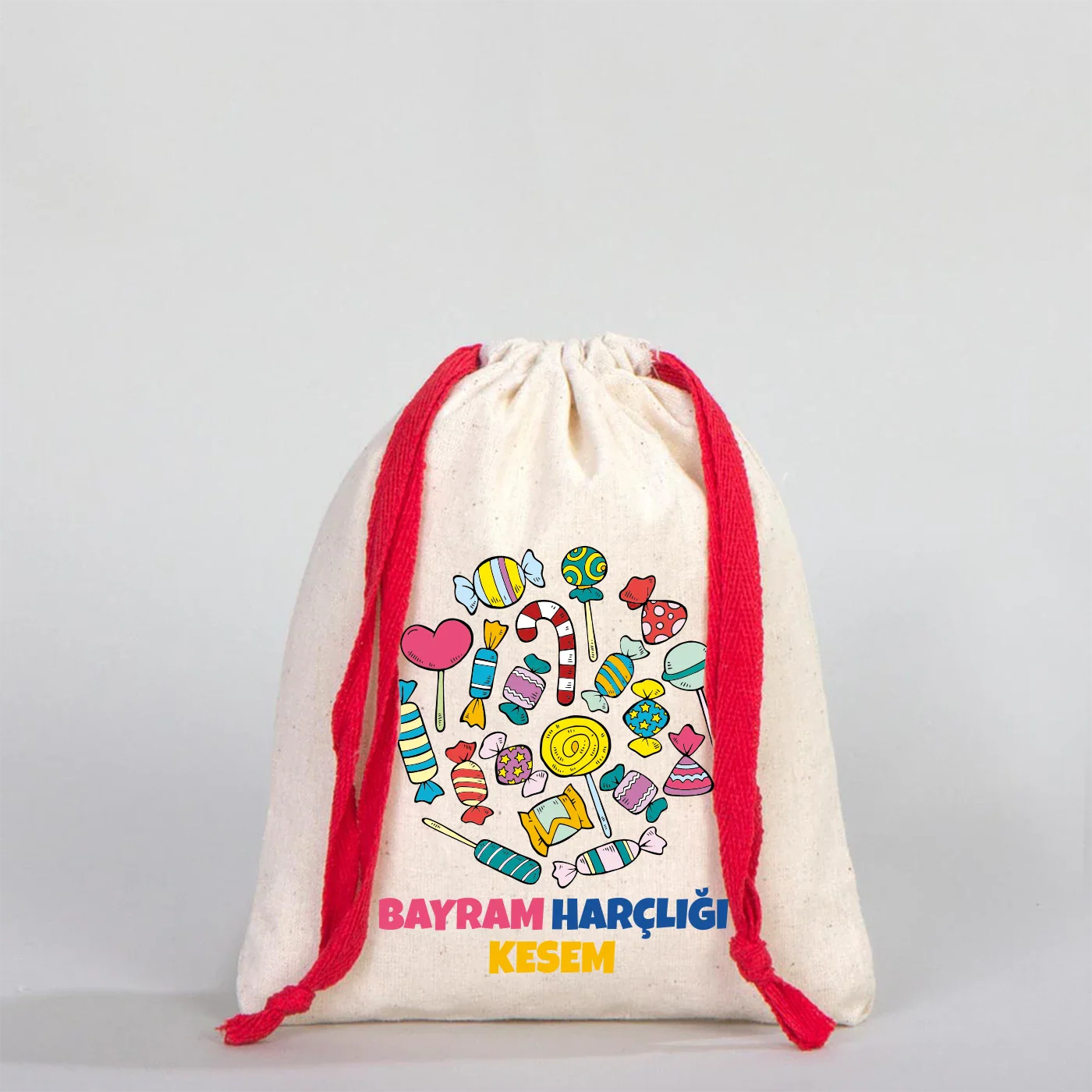 15x20 cm Renkli İp Kırmızı Bez Kese – Bayram Harçlık Kesesi - görsel 7