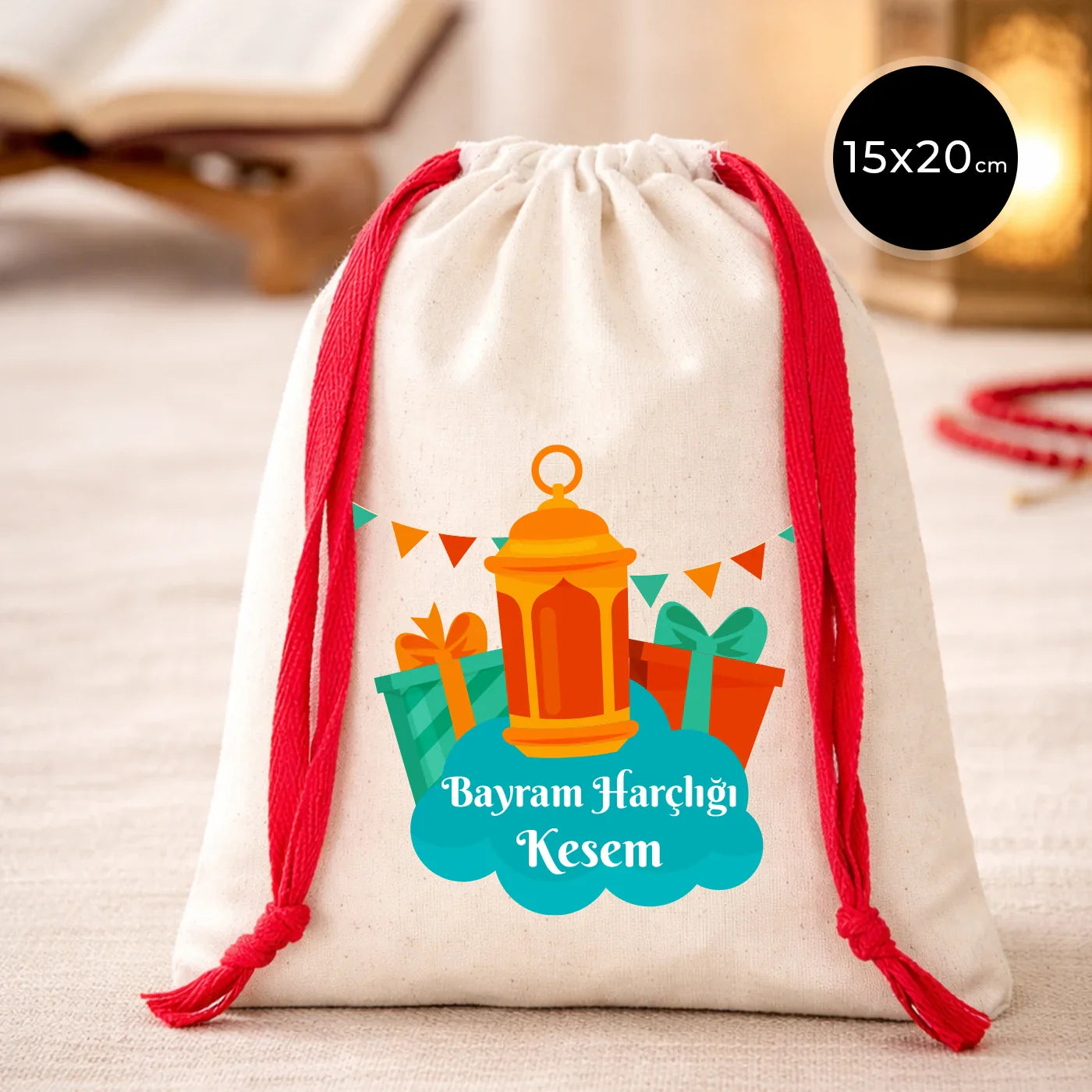 15x20 cm Renkli İp Kırmızı Bez Kese – Bayram Harçlık Kesesi - detay görünüm