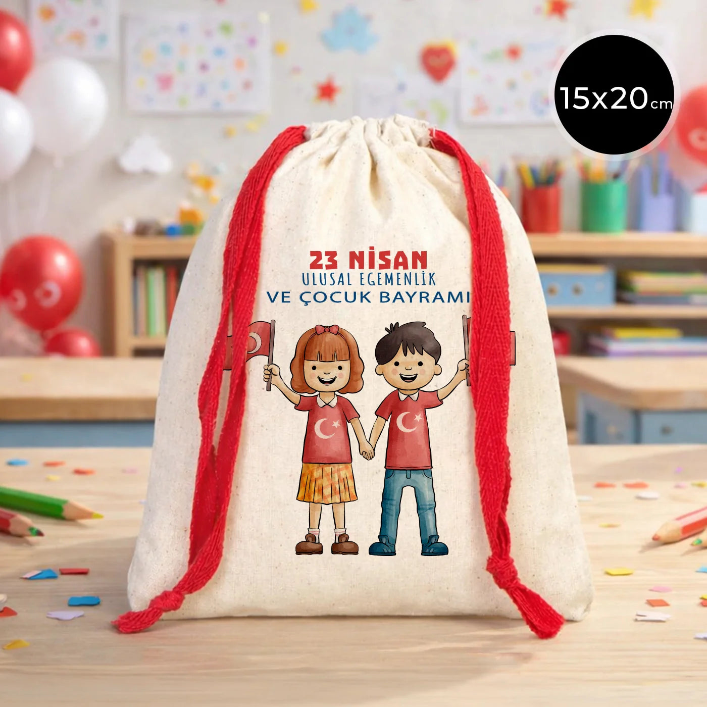 15x20 cm Renkli İp Kırmızı Bez Kese – 23 Nisan Hediyesi