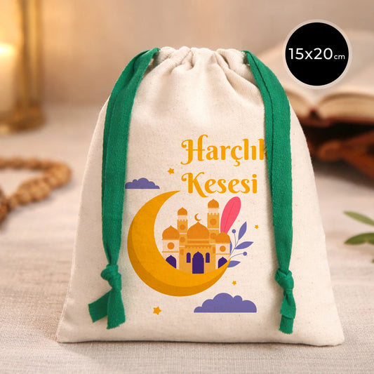 15x20 cm Bez Kese Yeşil İpli - Ramazan Bayramı Kesesi