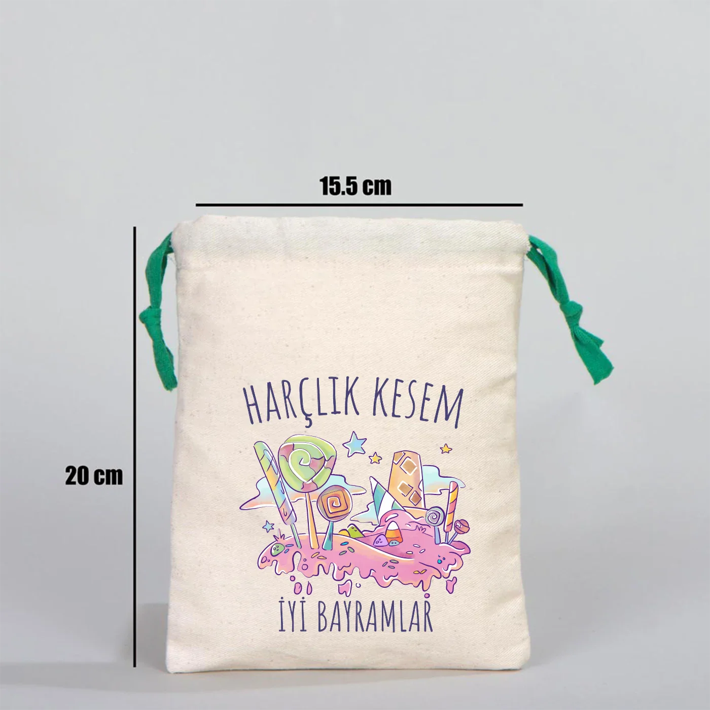 15x20 cm Bez Kese Yeşil İpli - Ramazan Bayramı Kesesi - farklı açı