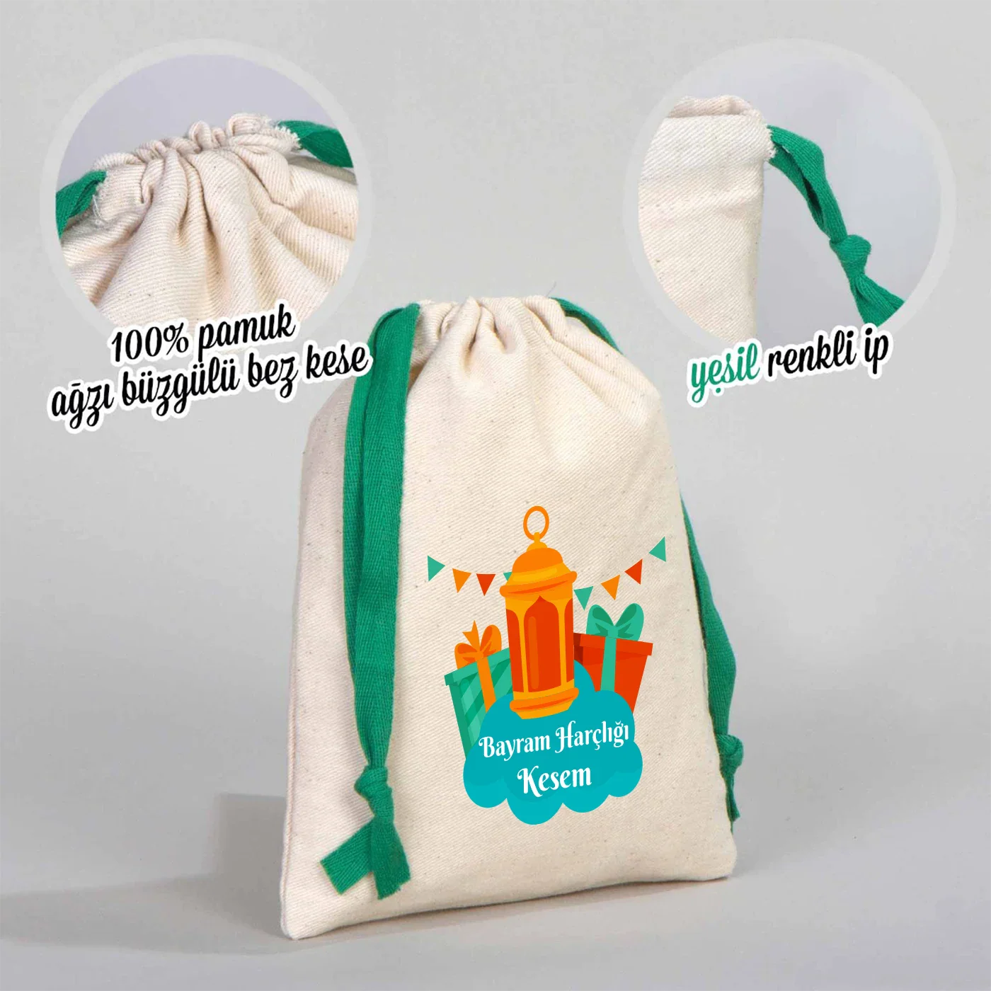 15x20 cm Bez Kese Yeşil İpli - Ramazan Bayramı Kesesi - detay görünüm