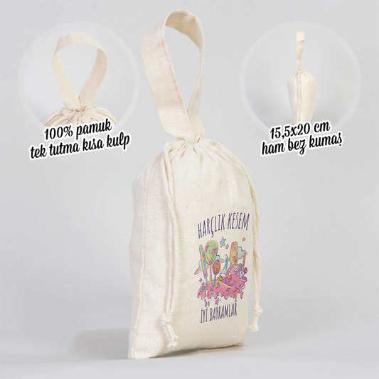 15x20 cm tutma kulplu pamuk bayram harçlık kesesi, büzgülü ham bez kumaş.