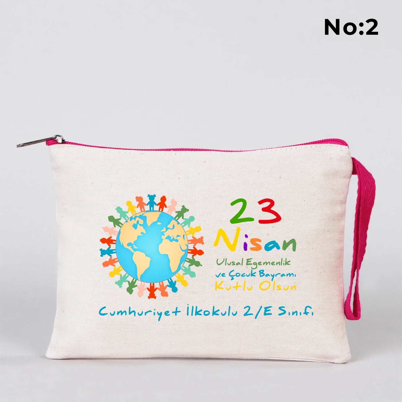 21x15 cm Fuşya Fermuarlı Kalemlik - 23 Nisan Hediyesi (Okul-Sınıf Baskılı) - detay görünüm
