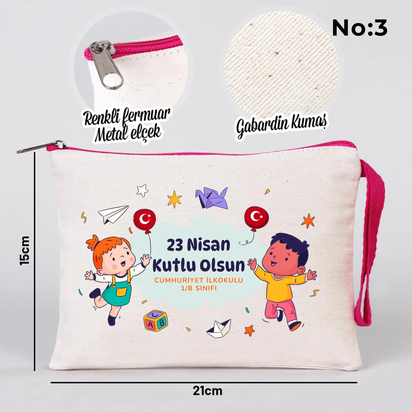 21x15 cm Fuşya Fermuarlı Kalemlik - 23 Nisan Hediyesi (Okul-Sınıf Baskılı) - yakın çekim
