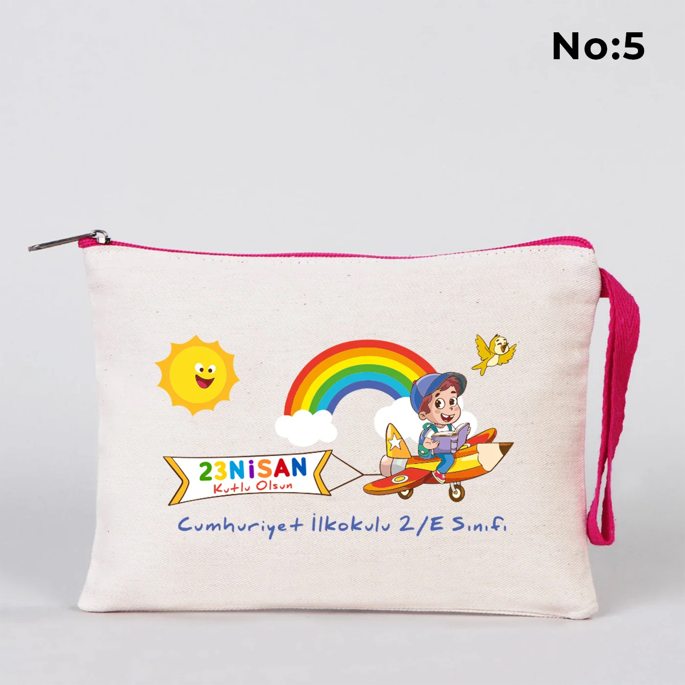 21x15 cm Fuşya Fermuarlı Kalemlik - 23 Nisan Hediyesi (Okul-Sınıf Baskılı) - farklı açı