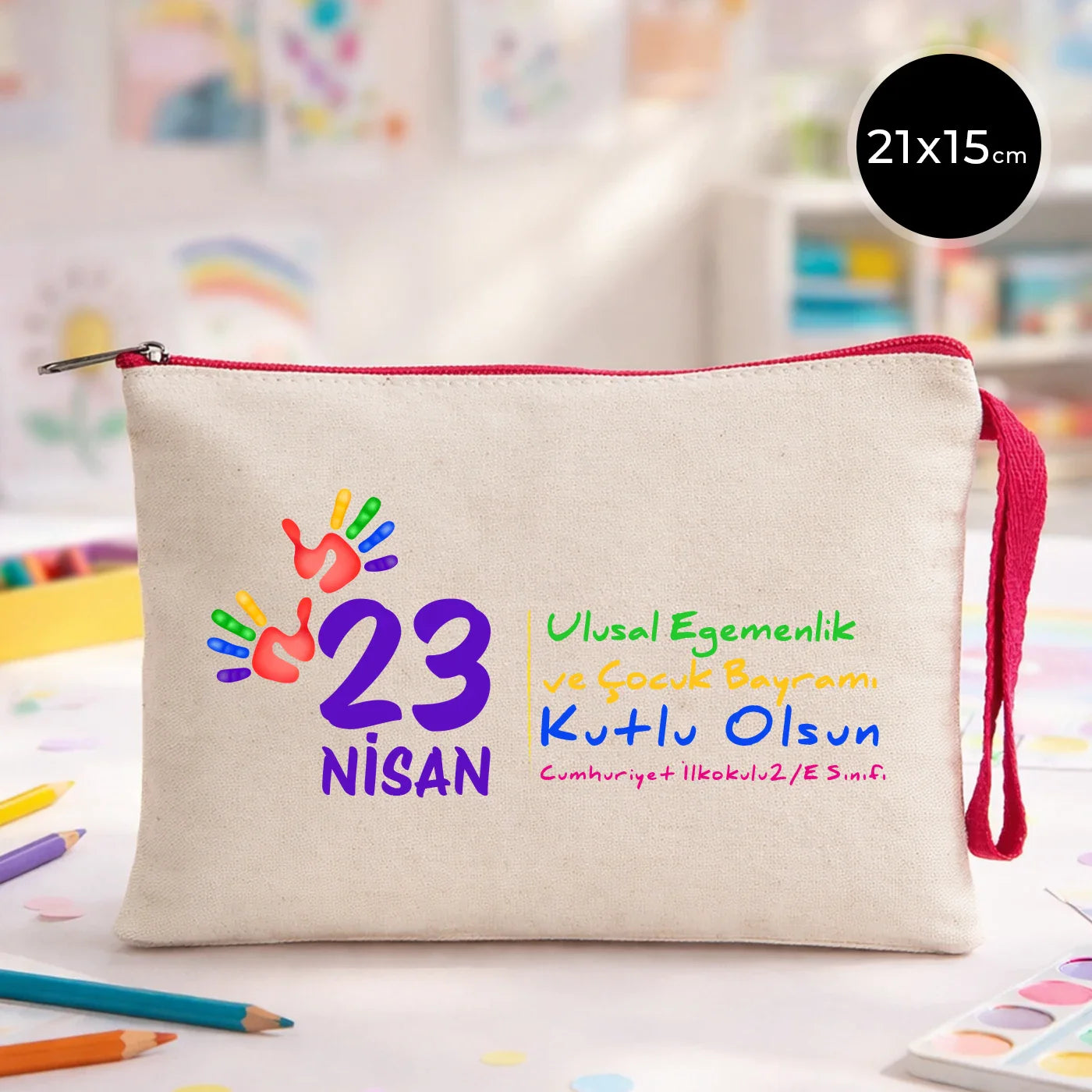 21x15 cm Fuşya Fermuarlı Kalemlik - 23 Nisan Hediyesi (Okul-Sınıf Baskılı)