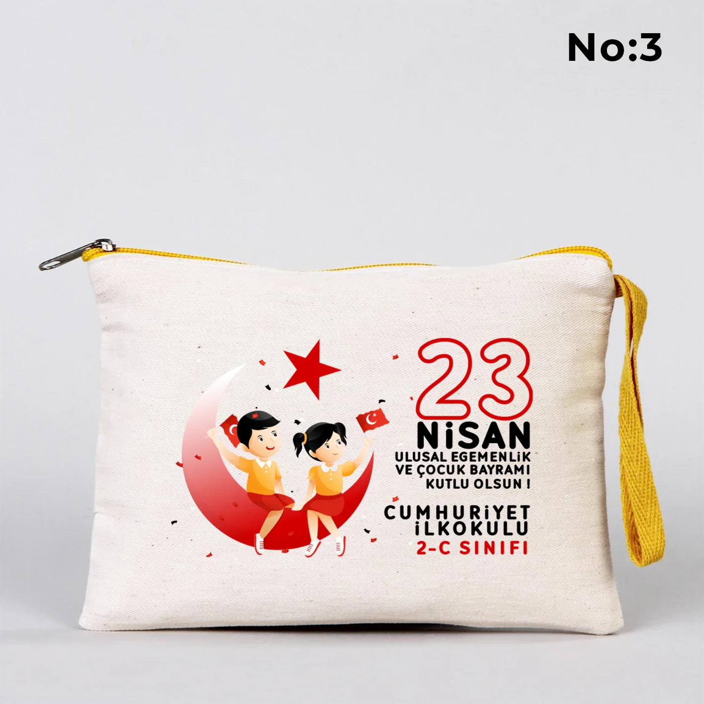 21x15 cm Sarı Fermuarlı Kalemlik - 23 Nisan Hediyesi (Okul-Sınıf Baskılı) - yakın çekim