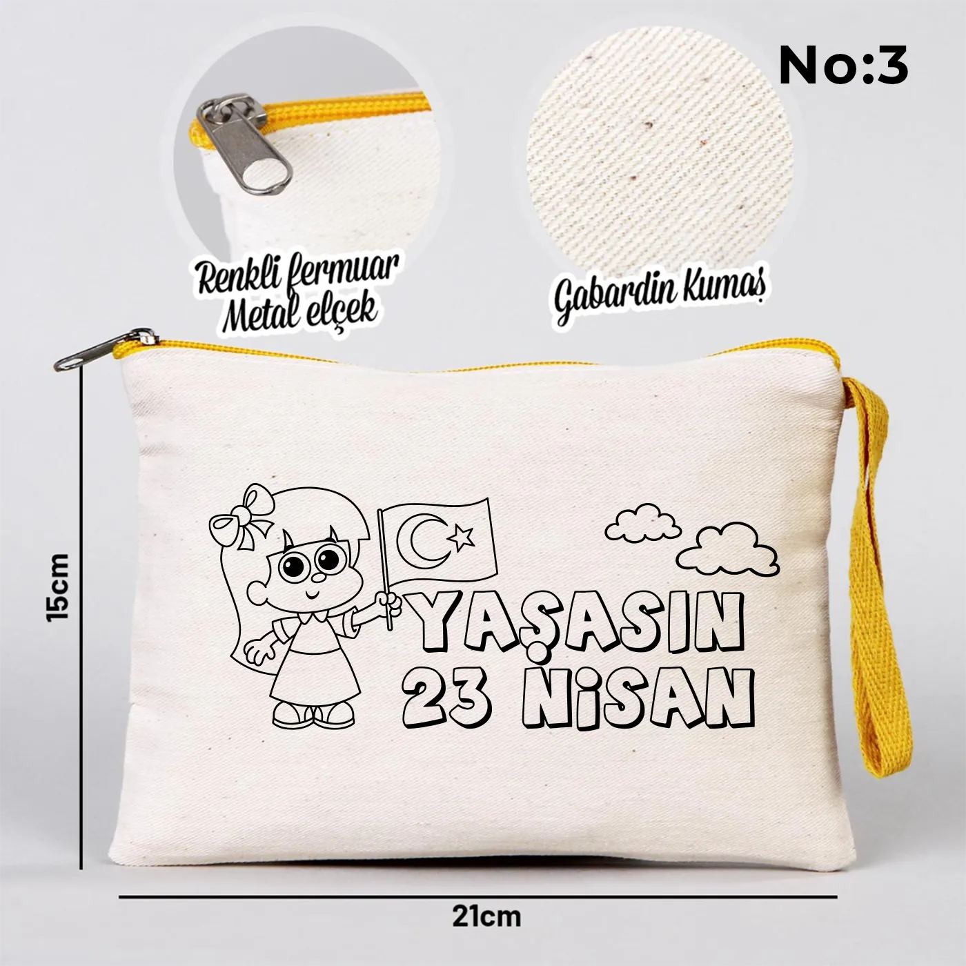 Boyanabilir 21x15 cm Sarı Fermuarlı - 23 Nisan Hediyesi - yakın çekim