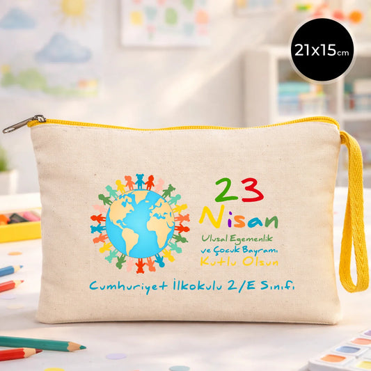 21x15 cm Sarı Fermuarlı Kalemlik - 23 Nisan Hediyesi (Okul-Sınıf Baskılı)